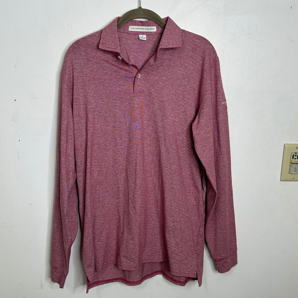 Holderness & Bourne Mens Long Sleeve Polo Shirt Pink Crooked Stick Golf Medium‎